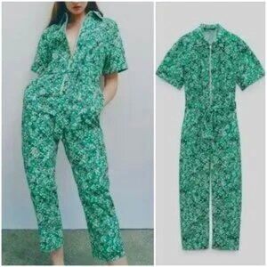 Zara Zippered Printed Jumpsuit Green Floral Ditsy Blogger's Fav Size S